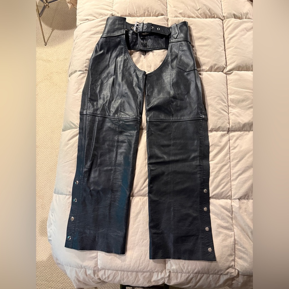 Black Leather Motorcycle Chaps with Snap Side Details